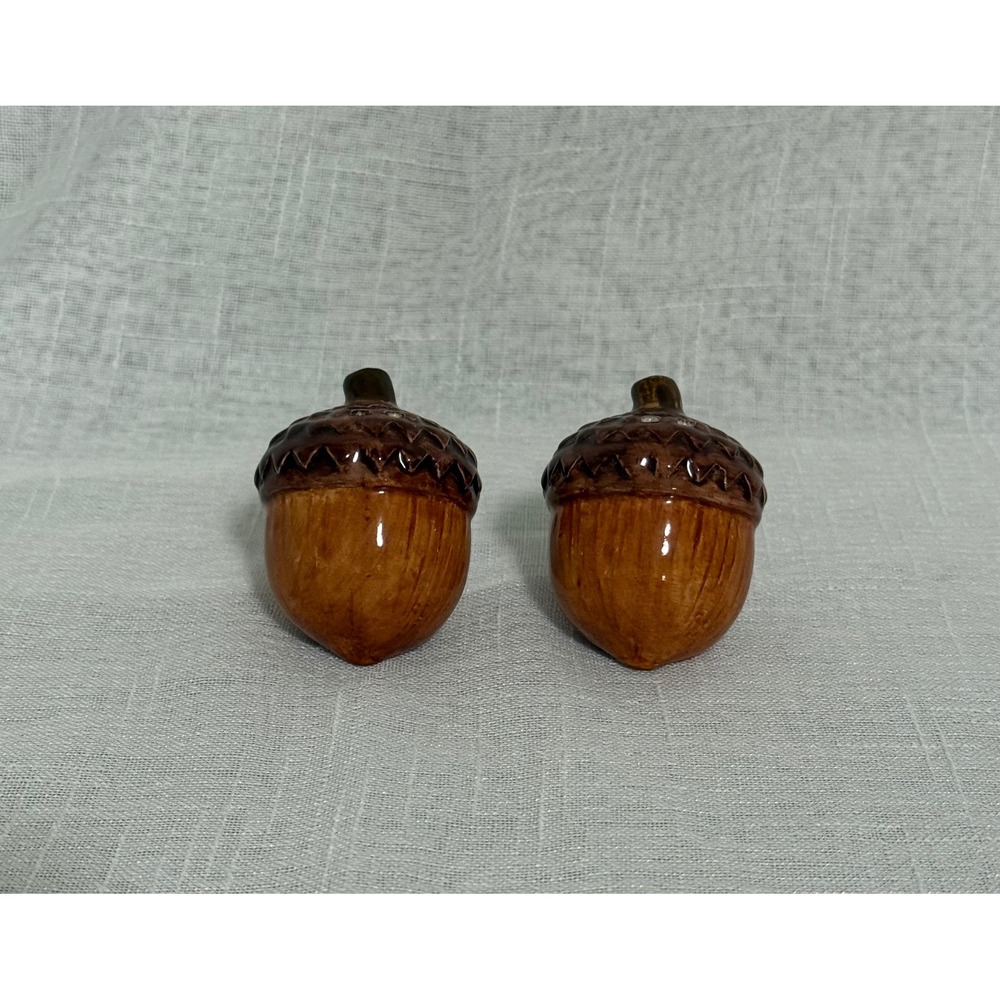 Ceramic Acorn Salt and Pepper Shakers Brown Glossy Fall Harvest Thanksgiving Set